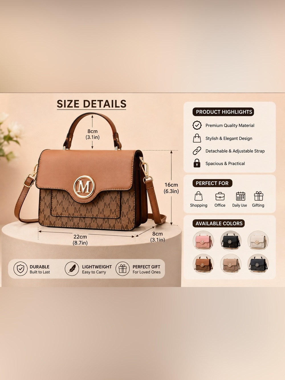 Brown Top-Handle Crossbody Bag with Monogram Detail